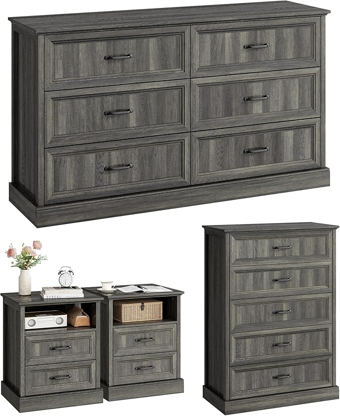 CARPETNAL Farmhouse Dresser and Nightstand Sets for Bedroom, 4 Pcs Bedroom Set, 5 Drawer & 6 Drawer Dresser and Nightstand Set of 2, Wood Chest of Drawers for Living Room, Entryway, Grey
