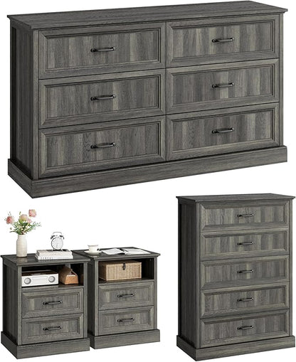 CARPETNAL Farmhouse Dresser and Nightstand Sets for Bedroom, 4 Pcs Bedroom Set, 5 Drawer & 6 Drawer Dresser and Nightstand Set of 2, Wood Chest of Drawers for Living Room, Entryway, Grey
