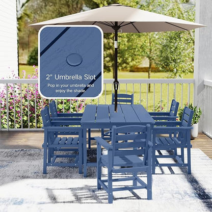 7 Piece Patio Dining Set with 11ft Patio Umbrella (Gray), 7 Navy Outdoor HDPE Dining Set with 6 Chairs + 1 Large Table with 2" Umbrella Hole, for Market, Pool, Garden, Backyard, Deck