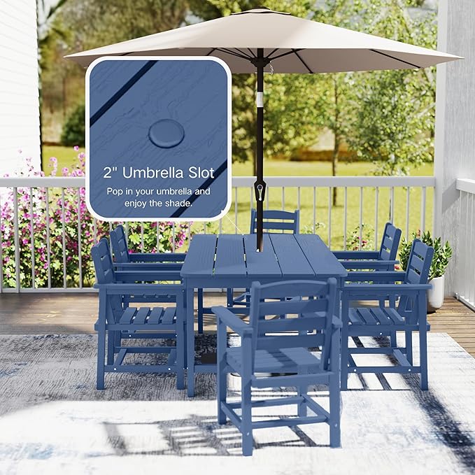 7 Piece Patio Dining Set with 11ft Patio Umbrella (Rose Pink), 7 Navy Outdoor HDPE Dining Set with 6 Chairs + 1 Large Table, for Market, Pool, Garden, Backyard, Deck