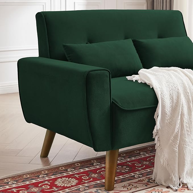 48.8" Small Loveseat Sofa, Mid Century Modern Love Seat Couch with Back Cushions and Plastic Legs, 2 Seater Couches for Living Room, Bedroom, Small Spaces, Green