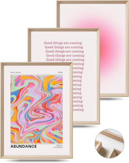 Framed Abstract Pink Canvas Wall Art,Retro Gradient Canvas Wall Decor,16x12IN High Framed Wood Design Print,Minimalist Classic Décor Aesthetic for Living Room,Bedroom,Bathroom Set of 3