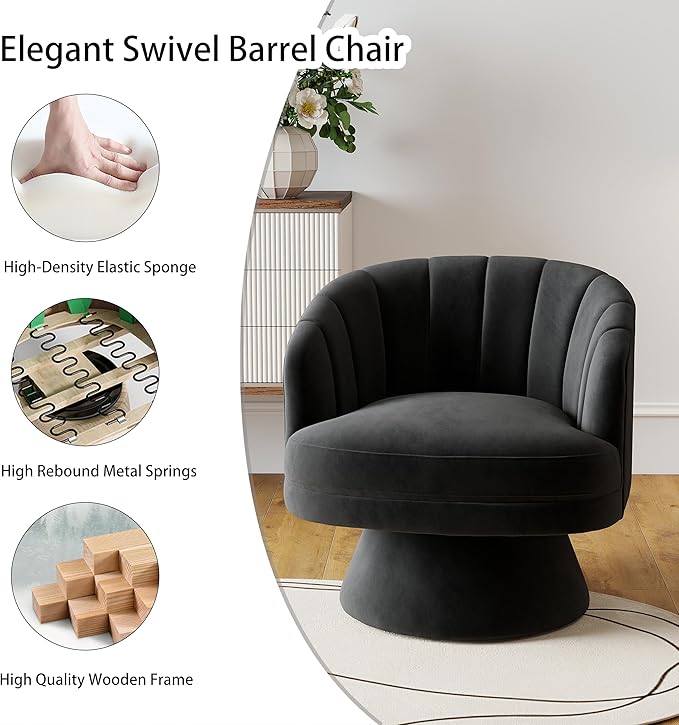Swivel Accent Chair,Upholstered Velvet 360° Swivel Barrel Chair for Living Room Overstuffed Bouncle Reading Chair Round Armchair for Bedroom,Vanity,Office (Black)