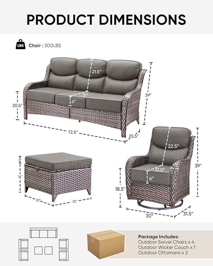 HUMMUH 7 Pieces Wicker Patio Furniture Set with Patio Swivel Chairs Set of 4,High Back Outdoor Sofa Ottomans,6 Inch Thick Cushions Outdoor Conversation Set for Porch, Balcony, Deck