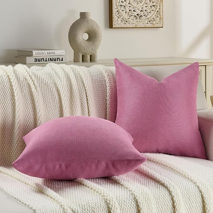 FUTEI Hot Pink Chenille Throw Pillow Covers 12x20 Inch Set of 2,Soft Wide Chevron Textured Lumbar Pillow Cases,Farmhouse Home Decor for Couch Bed Living Room