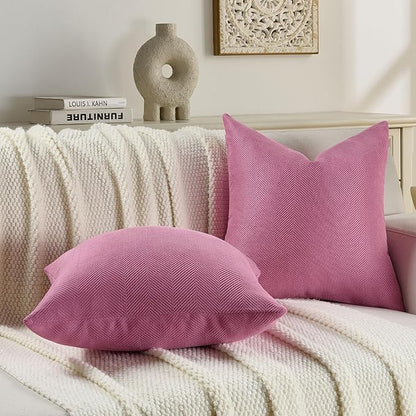 FUTEI Hot Pink Chenille Throw Pillow Covers 16x16 Inch Set of 2,Soft Wide Chevron Textured Cushion Case,Farmhouse Home Decor for Couch Bed Living Room