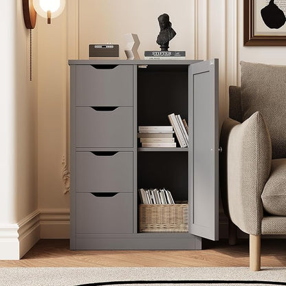 Shintenchi Bathroom Floor Storage Cabinet, Wooden Storage Organizer with 4 Drawers and 1 Cupboard, Freestanding Bathroom Furniture, Home Storage Unit with Adjustable Shelf, Gray