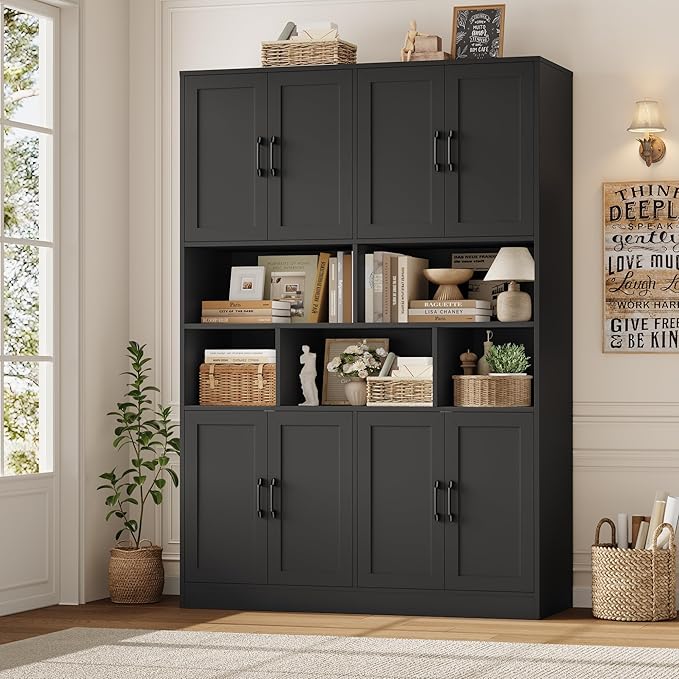 HORSTORS 71" Tall Storage Cabinet, Large Kitchen Cabinet with Deep Shelves and Doors, 47" Freestanding Display Shelf with Storage for Home Office, Living Room, Black