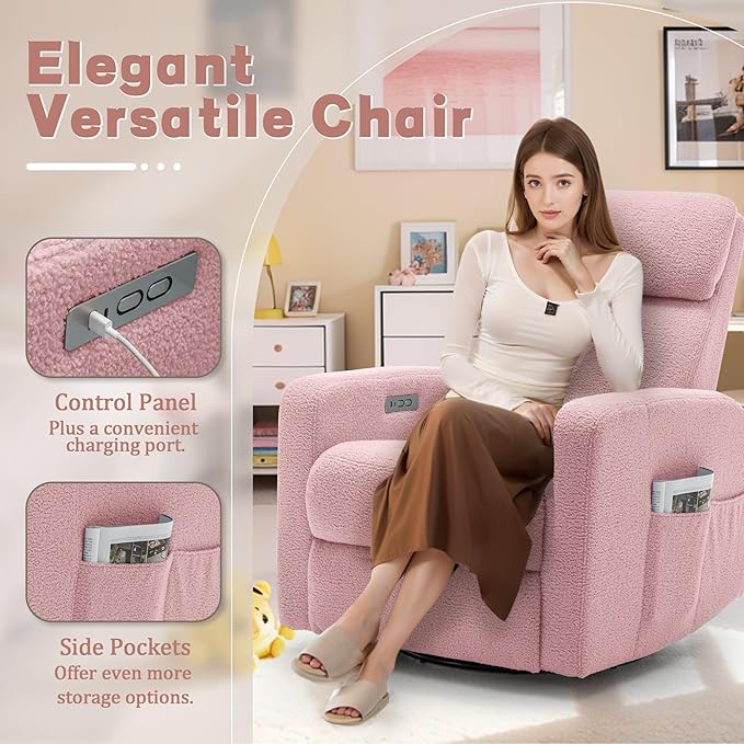 Power Swivel Recliner Chairs for Adults, Electric Glider Rocking Chair Nursery, Glider Recliner Nursery Chair with Classified Side Pocket, Nursery Rocking Chairs with USB and Type-C Ports