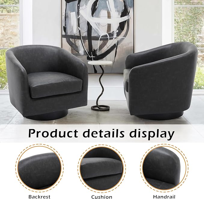 Lumibee Swivel Accent Chairs Set of 2, Faux Leather Swivel Barrel Chairs for Living Room, Modern Comfy Upholstered Round Armchairs Single Sofa Chairs for Bedroom, Club-Black