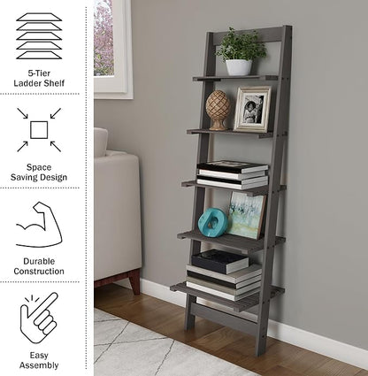 5-Tier Ladder Shelf - 50-Inch Narrow Leaning Bookshelf - Wooden Bookcase for Living Room, Bathroom, Kitchen, Office, or Bedroom Furniture by Lavish Home (Gray)