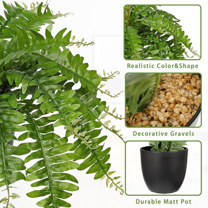 Hollyone Artificial Fern Plants in Pot 18.8" Small Artificial Boston Fern 24 Leaves for Outdoors & Indoor Faux Potted Plant Fake Ferns Bush Plant for Patio Garden Farmhouse Porch Home Decor Green