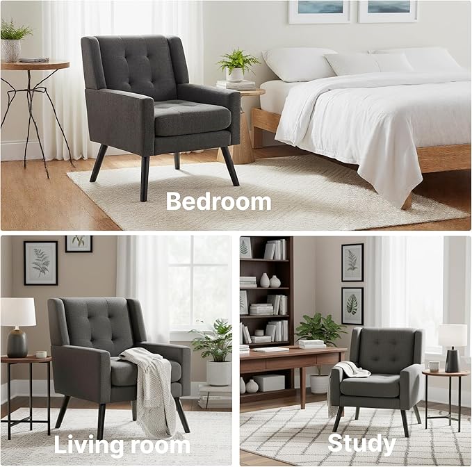 Mid-Century Modern Accent Chair, Plush Linen Fabric with Button Tufted High Back & 5" Thick Cushion, High Comfort Reading Chair for Living Room, Bedroom, Office (Dark Gray)