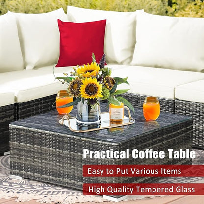 Tangkula 7 Pieces Patio Rattan Furniture Set, Patiojoy Outdoor Conversation Set with Cushions and Tempered Glass Coffee Table, All-Weather Sectional Sofa Set for Garden, Lawn, Backyard (White)