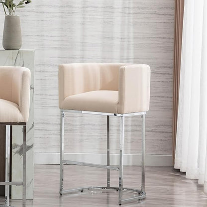 Contemporary Cream Linen Bar Stool, 29" Upholstered Fabric Counter Height Barstool Kitchen Counter Island Stool with Screwed Together Chrome Finish Base