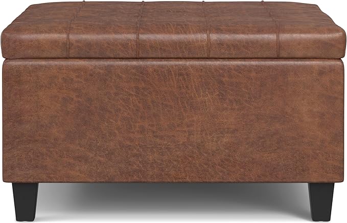 SIMPLIHOME Harrison 30 inch Wide Transitional Square Small Coffee Table Storage Ottoman in Distressed Saddle Brown Vegan Faux Leather, Assembled, for The Living Room and Bedroom