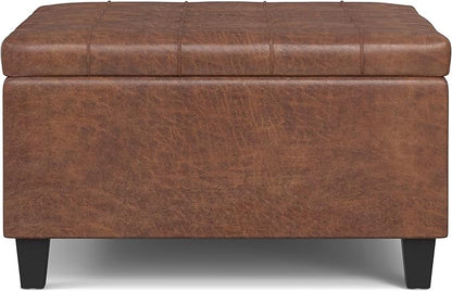 SIMPLIHOME Harrison 30 inch Wide Transitional Square Small Coffee Table Storage Ottoman in Distressed Saddle Brown Vegan Faux Leather, Assembled, for The Living Room and Bedroom
