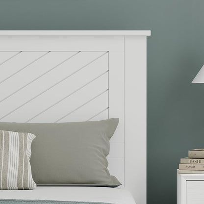 Serene Poplar Wood Full Size Headboard in White, Modern Farmhouse Panel with Chevron Scoring, Casual Coastal Style, Easy Assembly, Quality Materials