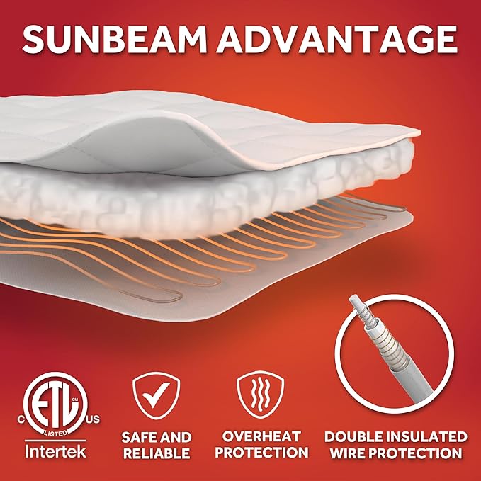 Sunbeam Premium Quilted Electric Heated Mattress Pad, 60" x 80", 12 Heat Settings, 12-Hour Auto Shut-Off, Machine Washable, Extra-Soft, White