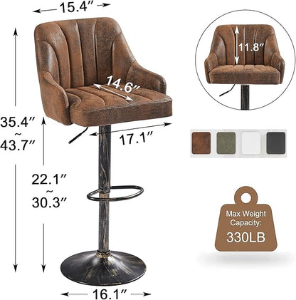 VECELO Bar Stools Set of 4, Adjustable Barstools, Counter Height Stools with Back and Arm, Kitchen Island Stools, Swivel PU Chairs for Pub, Dining Room, Industrial Style, Dark Brown