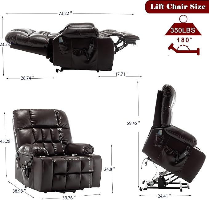 Large Power Lift Recliner Chair with Massage and Heat for Elderly,Overstuffed Wide Recliners,Breathable Leather with 2 Cup Holders,Dual OKIN Motor,Recline up to 180 Degrees