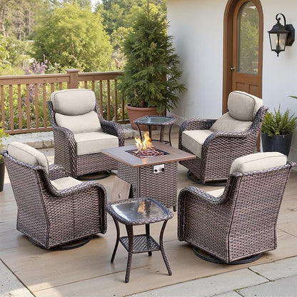 Belord Luxury 6" Thick Cushioned Outdoor Swivel Rocker Chairs Set of 4 with Fire Pit Table, High Back Wicker Patio Furniture Set with Ergonomic Zone Back, Conversation Set for Deck Porch - Brown+Beige