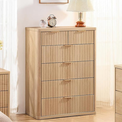 LEYAOYAO Fluted 6 Drawers Dresser for Bedroom Set of 2, 42" Tall Modern Chest of Drawers with Metal Handle, Curved Profile Design,Natural Wood Drawer Organizer for Bedroom, Living Room, Hallway