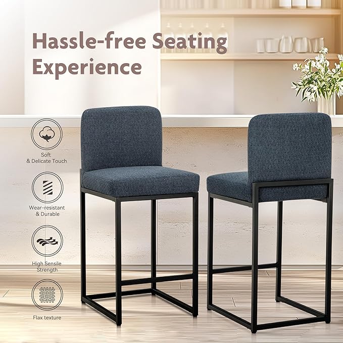 ALPHA HOME 24" Bar Stools Set of 2 Kitchen Counter Stools with Back, Counter Height Stools with Upholstered Footrest for Kitchen Island, Metal Steel Frame, Chenille, Blue