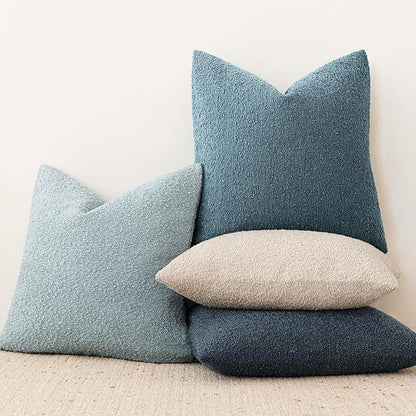 Foindtower Set of 2, Decorative Textured Boucle Throw Pillow Covers Accent Solid Pillow Cases Neutral Cozy Couch Cushion Case for Chair Sofa Bedroom Living Room Home Decor 24x24 Inch Misty Blue