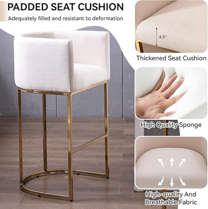 Contemporary Cream Linen Bar Stool, 32" Upholstered Fabric Counter Height Barstool Kitchen Counter Island Stool with Golden Metal Base
