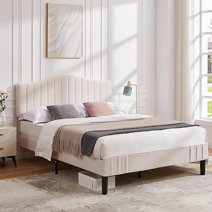 VECELO Queen Size Bed Frame Upholstered Platform Beds with Height-Adjustable Teddy Fabric Headboard, Strong Wood Slats 7.9'' Under Bed Storage Space Noise-Free No Box Spring Needed, Beige