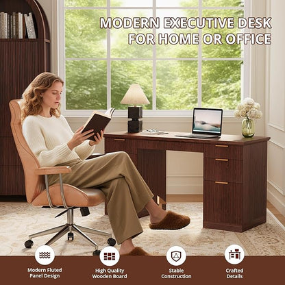 FURSUN 58" Fluted Modern Desk with Storage, Home Office Desk with 1 File Cabinet & 5 Drawers, Wood Executive Computer Writing Desk for Study, Living Room, Bedroom(Dark Walnut)
