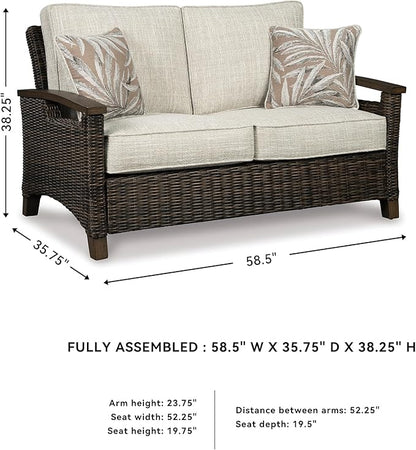 Signature Design by Ashley Paradise Trail Outdoor Loveseat with All Weather Cushions, Nuvella Weather Resistant Fabric, Medium Brown