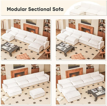 Furniwell Modular Sectional Sofa with Moveable Ottoman, Oversized 3-Seater Couch with Supportive Backrest, Chenille Convertible Sofa Couches for Living Room/Apartment (Whtie, U Shaped)
