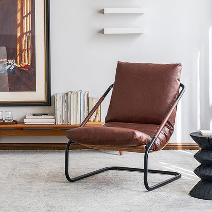 27.56-inch Wide Comfortable Living Room Armchair，Vintage-Style Lounge Chair，with deep Brown Leather Cushion and Metal Frame.