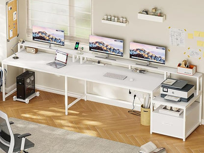 SEDETA White L Shaped Gaming Desk, 66" Home Office Desk with Wood File Drawer, Power Outlet and Led Lights, Corner Computer Desk with Monitor Shelf, Printer Storage Shelves, for Two Person