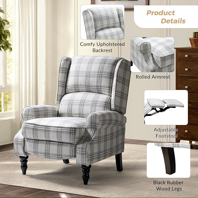 HULALA HOME Upholstered Wingback Recliner Chair, Small Adjustable Footrest Push Back Single Reclining Sofa, Mid Century Modern Lounge Armchair for Living Room, Bedroom, Reading/Plaid Grey