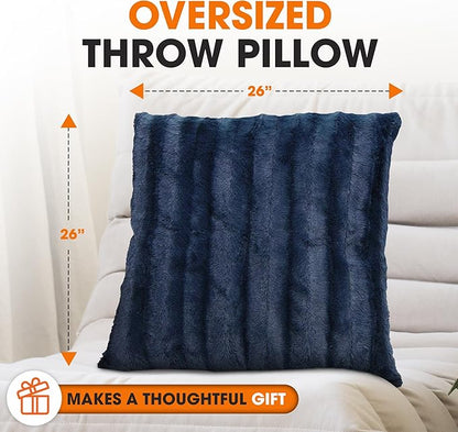 Cheer Collection Faux Fur Throw Pillows - Decorative Pillows for Couch, Bed Throw Pillows, Blue Accent Pillows for Bedroom or Living Room Aesthetic, Set of 2 Furry Throw Pillows, 26" x 26"