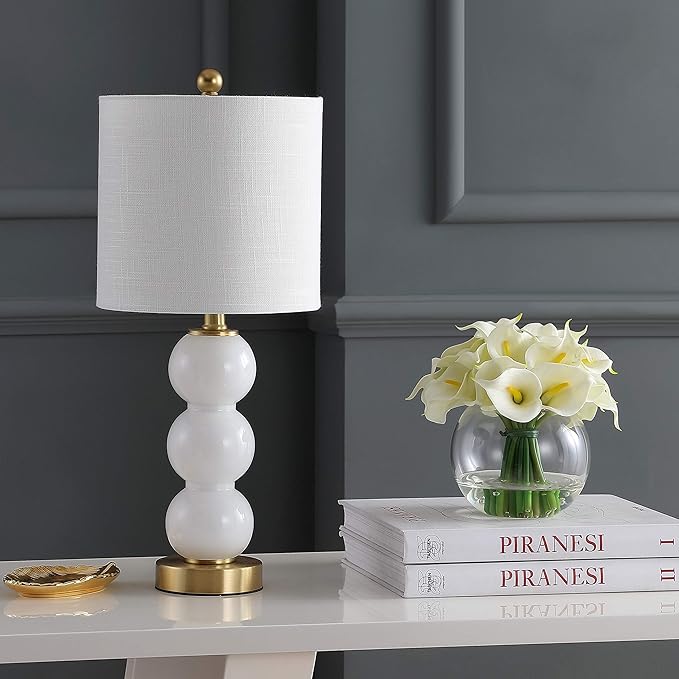 JONATHAN Y JYL1021A February 21" Glass/Metal LED Table Lamp Contemporary Bedside Desk Nightstand for Bedroom Living Room Office College Bookcase LED Bulb Included, White/Brass Gold