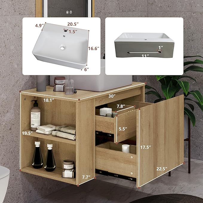 30 Inch Floating Bathroom Vanity with Sink – Wall-Mounted Vanity with Hidden Drawer, Natural Wood Finish, Modern Vessel Sink Vanity for Bathroom(Nature with Sink, 30")