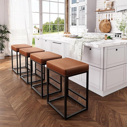 ALPHA HOME 24 Inch Counter Height Bar Stools Set of 3, Upholstered Barstools for Kitchen Island with Faux Leather Cushion and Sturdy Metal Frame, Caramel