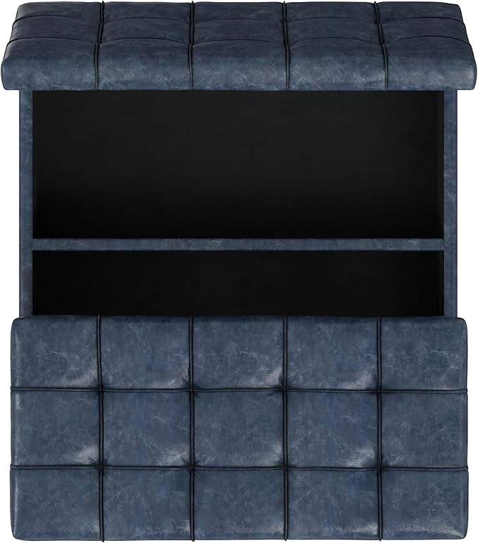 SIMPLIHOME Harrison 40 inch Wide Transitional Square Large Coffee Table Storage Ottoman in Denim Blue Vegan Faux Leather, Assembled, for The Living Room and Bedroom