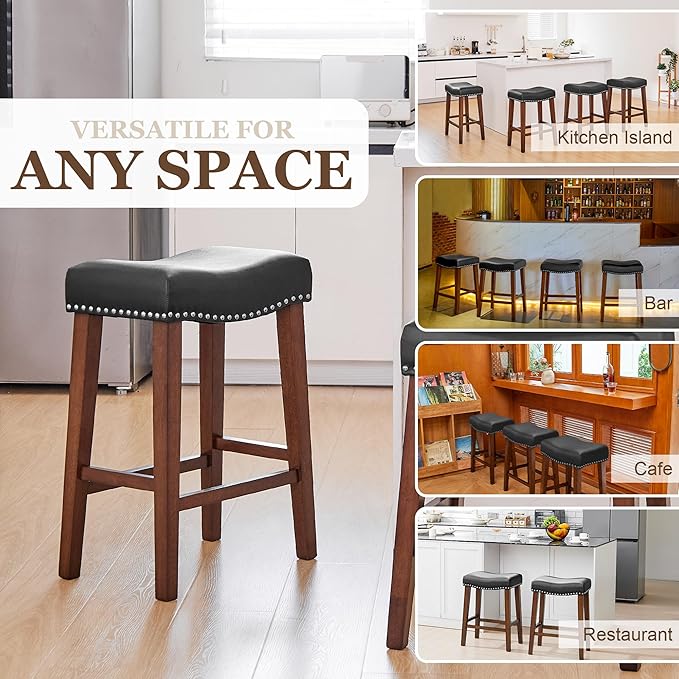 PrimeZone Counter Height Bar Stools Set of 4 - Backless Saddle Barstools with 4.3" Thick Upholstered, Nailhead Trim Faux Leather & Solid Wood Legs, 26 Inch Counter Stools for Kitchen Island, Black