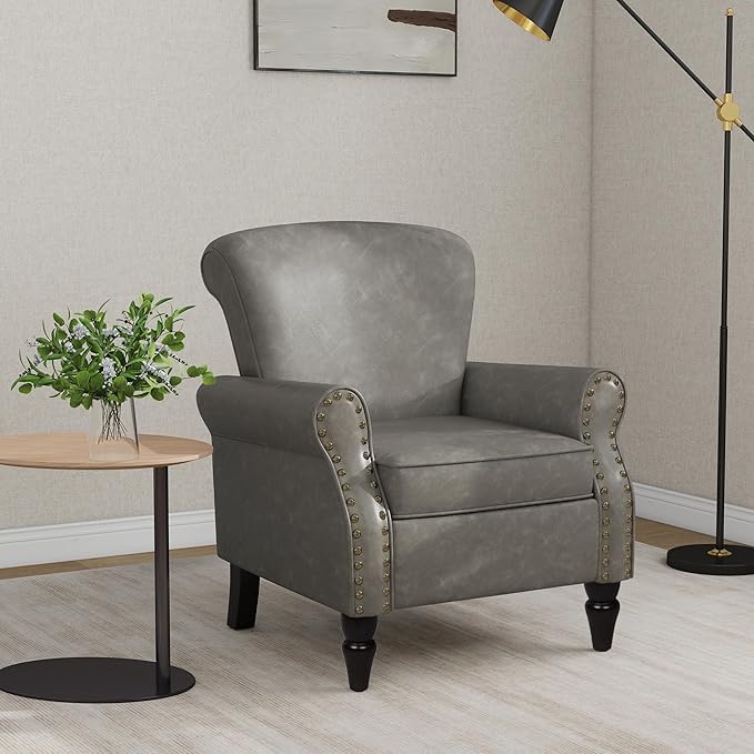 Accent Chair, Mid Century Modern Faux Leather Arm Chair with Wood Leg for Living Room, Bedroom, Comfy PU Leather Club Reading Chairs with Wingback & Nailhead Trim (Leather Grey, Set of 2)