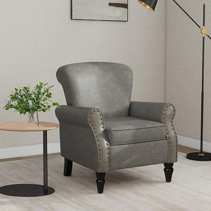Accent Chair, Mid Century Modern Faux Leather Arm Chair with Wood Leg for Living Room, Bedroom, Comfy PU Leather Club Reading Chairs with Wingback & Nailhead Trim (Leather Grey, Set of 1)
