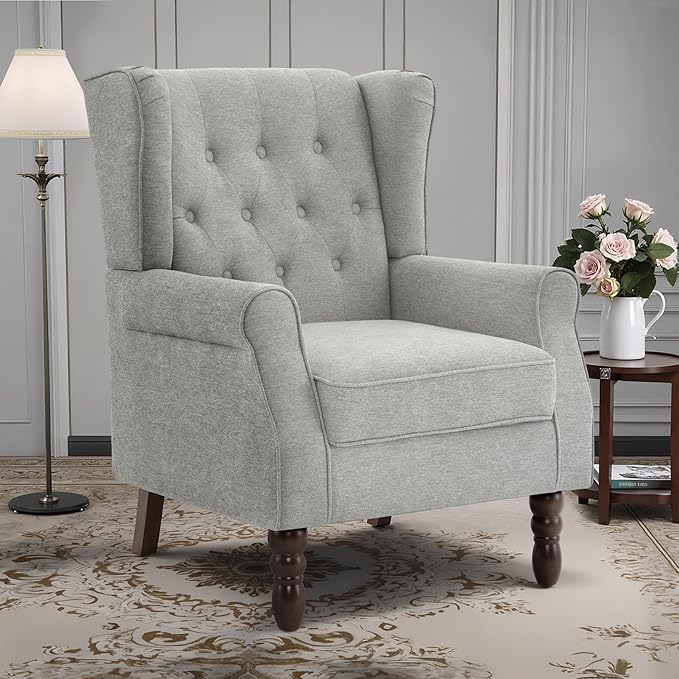 Lumibee High Back Accent Chair,Upholstered Wingback Armchair with Solid Wood Legs for Small Spaces,Comfy Single Sofa Chair for Living Room,Bedroom,Office-Light Gray