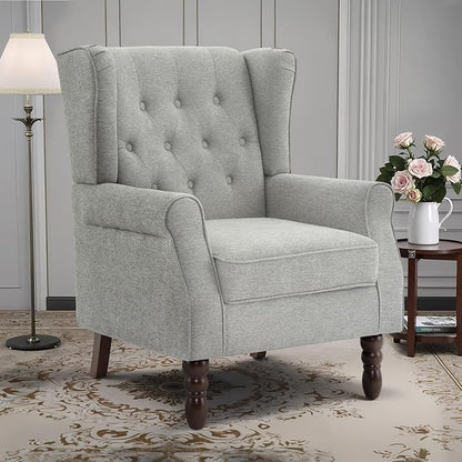 Lumibee High Back Accent Chair,Upholstered Wingback Armchair with Solid Wood Legs for Small Spaces,Comfy Single Sofa Chair for Living Room,Bedroom,Office-Light Gray