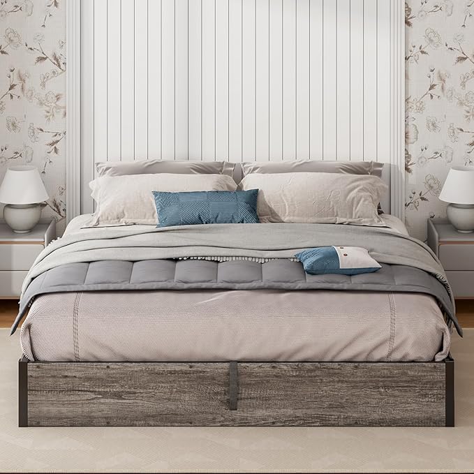 Lift Up Storage Bed Frame, Full Size Wooden Platform Bed with Large Storage Underneath, No Box Spring Needed, Noise Free, Rustic Grey