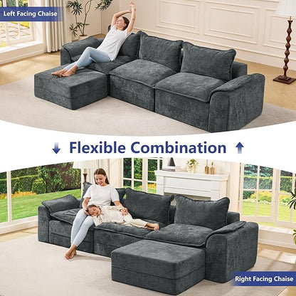 Hobestluk 120" Cloud Modular Sectional Couch 3-Seater Sofa with Ottoman L Shaped Sofa with Removable Cover Large Sofa Couch for Living Room (Blue Grey, 3-Seater Sofa with One Ottoman)