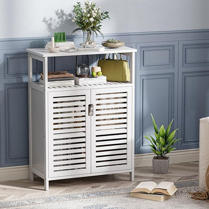 HITNET White Bathroom Cabinet, Bamboo Storage Cabinet Freestanding, Side Tall Storage Organizer for Kitchen Living Room Entryway